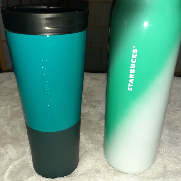 STARBUCKS 2022 HOLIDAY GREEN OMBRE INSULATED TUMBLER 20 0Z & DEEP AQUA DIPPED - Picture 2 of 5